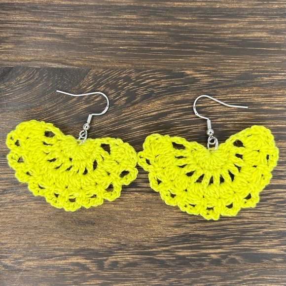Hand Crafted Jewelry - Handmade Crochet Fan Earrings on Hypoallergenic White Gold Plated Hooks Yellow